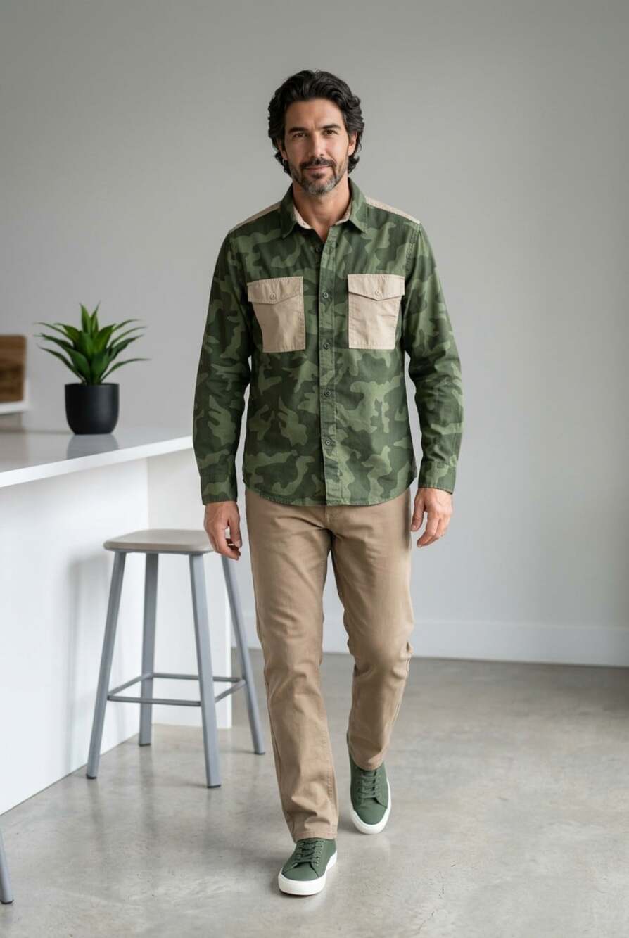 Free Assembly Camo Military Men Green Long Sleeve Contrasting Beige Pocket Shirt